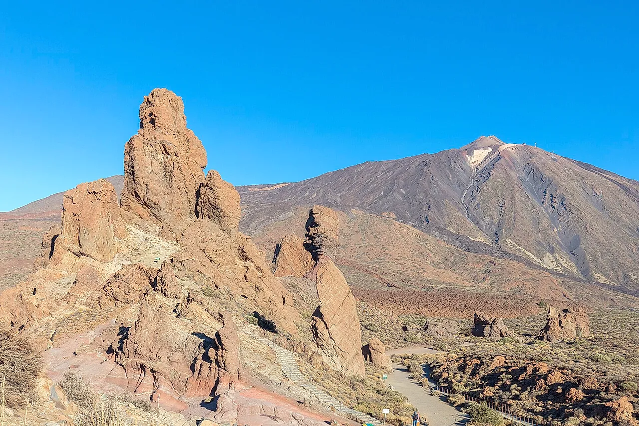 The Teide volcano rising behind the rock formations of Roques de Garcia on a clear day